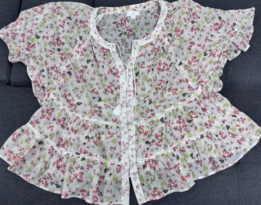 J.Jill Pink Floral Chiffon Tiered Short Sleeve Blouse with Tassels